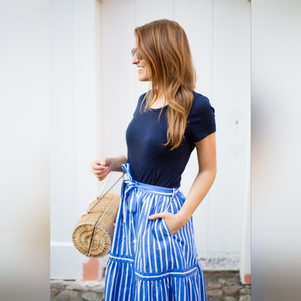 J. Crew Blue White A-Line Button Front Pleated Midi Skirt with Tie - Size 0 - Picture 2 of 6